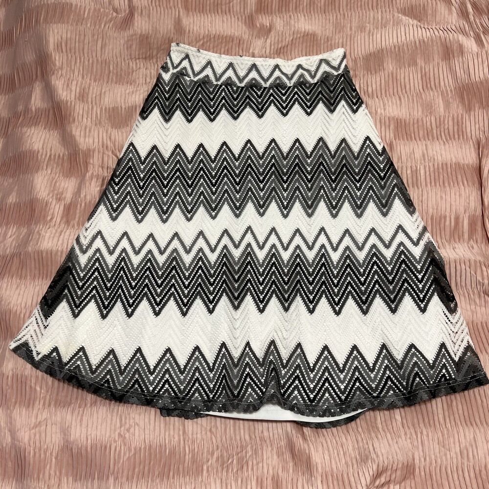 Zac & Rachel Black And White Midi Skirt Chevron Zigzag Size M